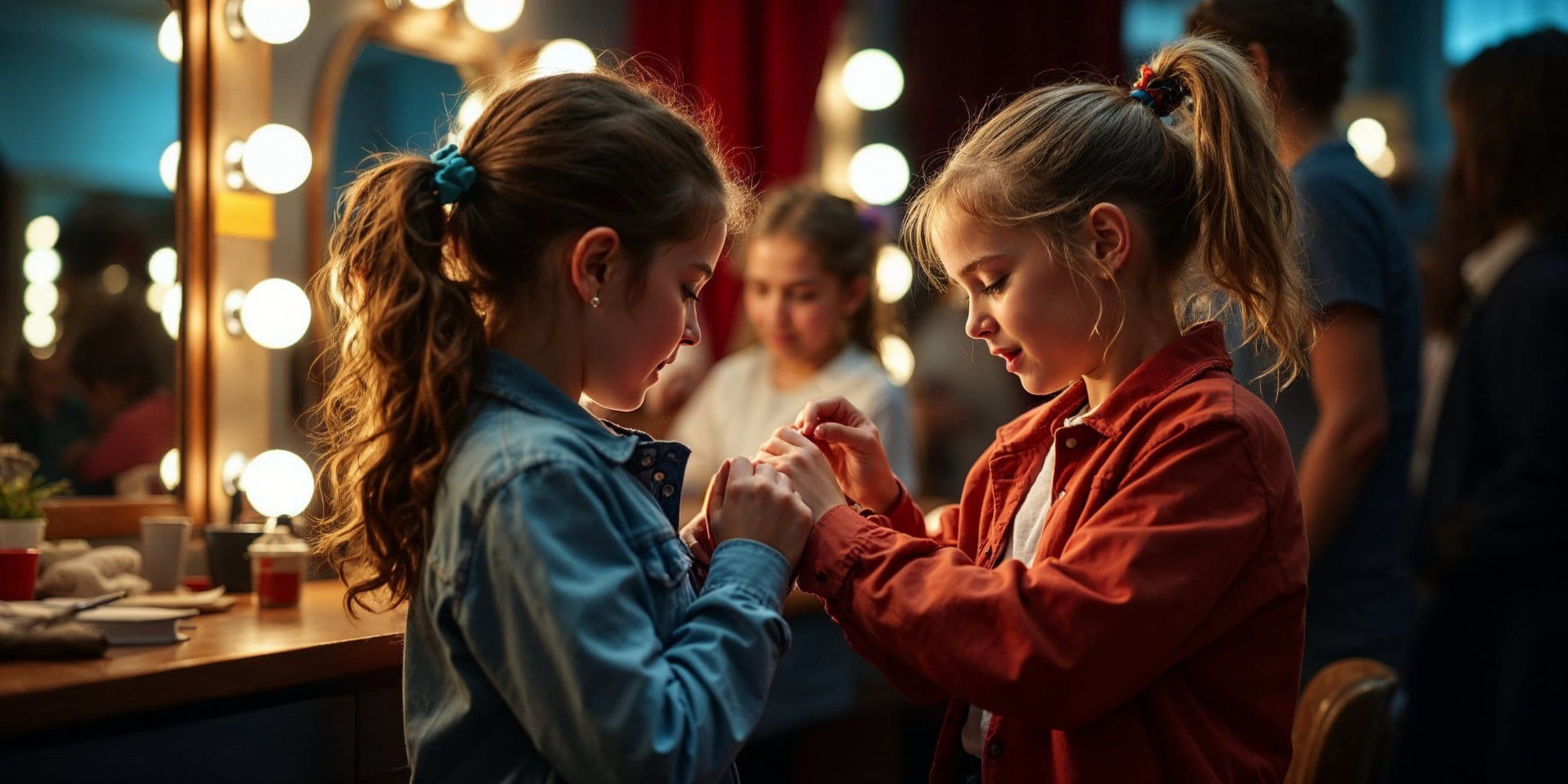 Girls helping each other in the dressing room before a school musical performance, surrounded by illuminated mirrors.