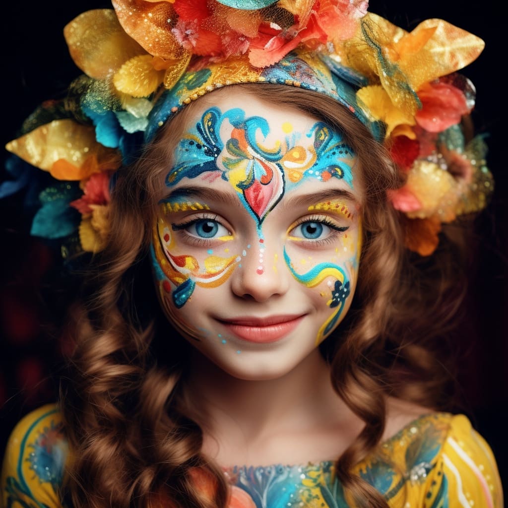 Niña con un elaborado maquillaje artístico y una corona de flores, reflejando creatividad y expresión teatral.
