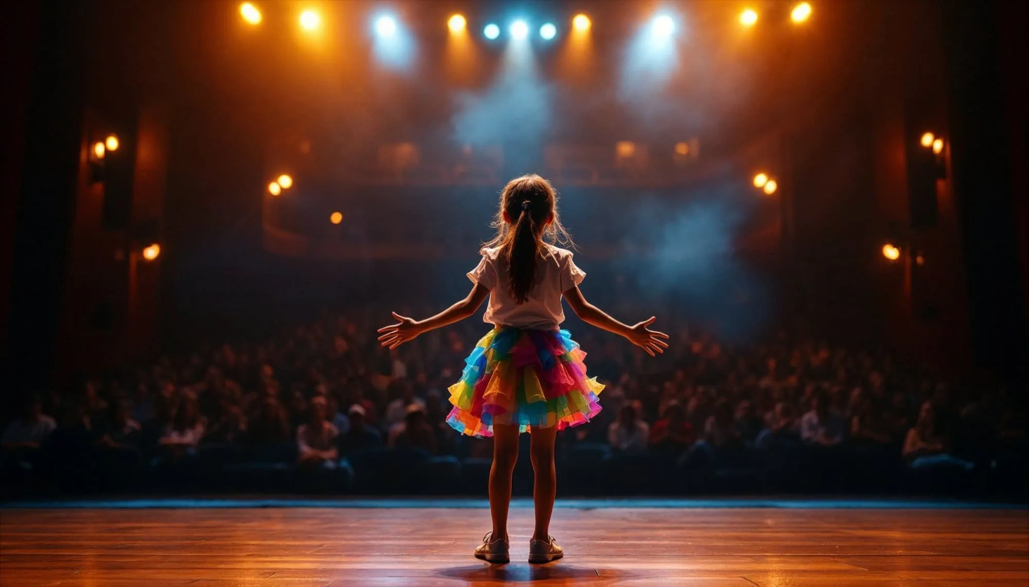 Students performing a school musical theatre show on stage
