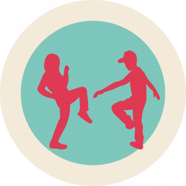 Icon of red silhouettes of dancers on a green background