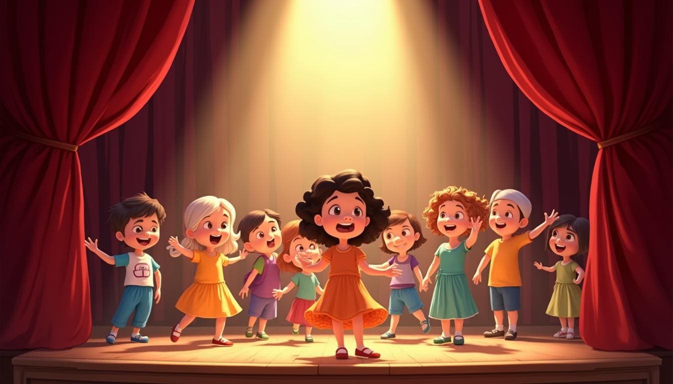 Group of diverse children acting and singing on a school stage with red curtains and spotlight, Pixar-style illustration – Kaikana Musicals