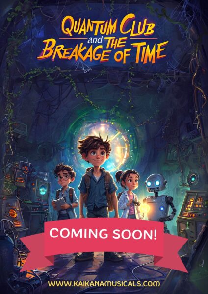 Poster for the musical Quantum Club and the Breakage of Time by Kaikana Musicals, featuring kids and a robot in a futuristic lab with a glowing time portal. The poster includes a red banner with the text 'Coming Soon' to indicate its upcoming release.