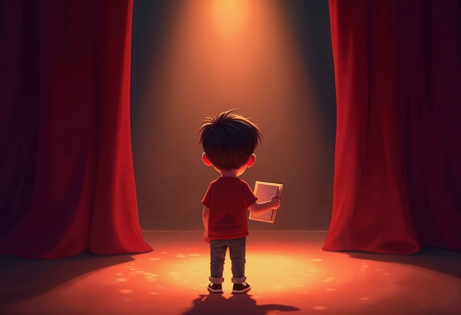 Pixar-style digital illustration of a young boy standing on stage, holding a script, illuminated by a spotlight as he faces the audience. The image represents the challenge and importance of helping kids overcome stage fright through musical theater.