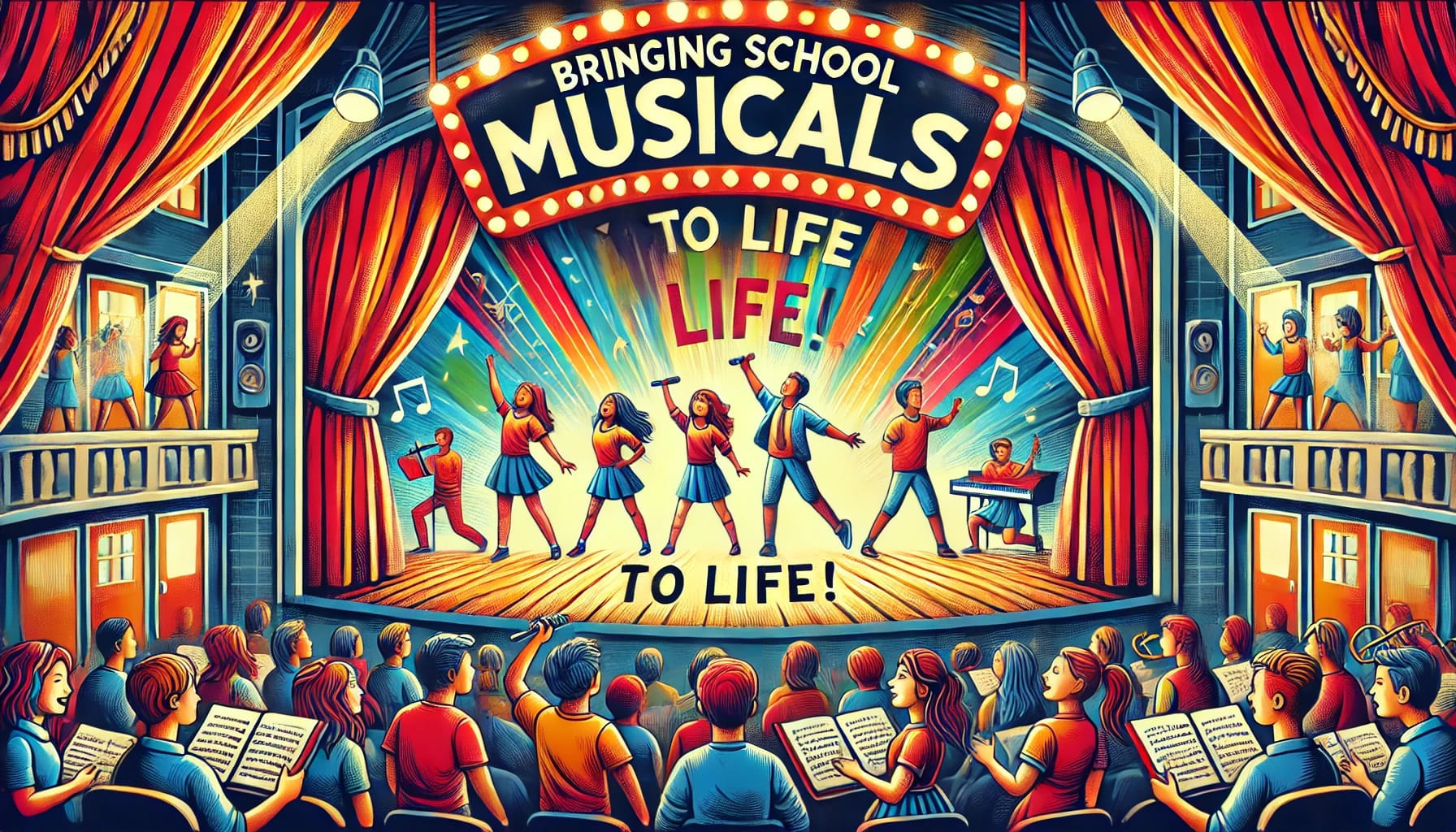 A vibrant and colorful digital illustration depicting students performing in a lively school musical on a grand stage, with an enthusiastic audience watching. The scene captures the energy and excitement of popular school musicals, highlighting young performers singing, dancing, and acting under bright stage lights