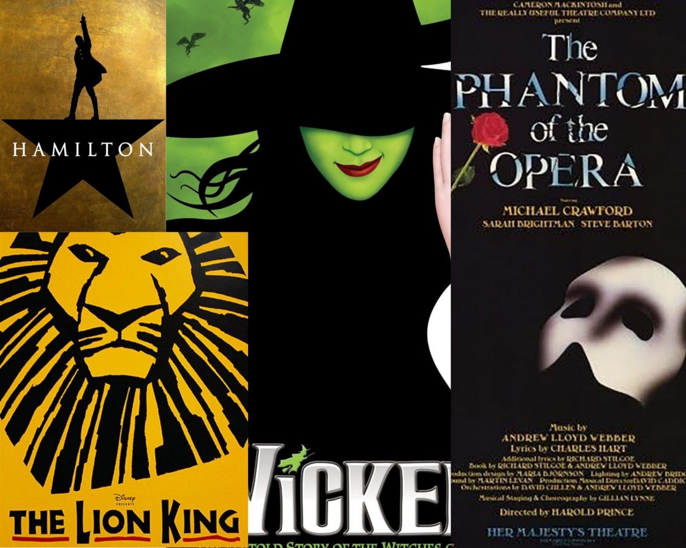 Posters of iconic Broadway musicals including Hamilton, Wicked, The Lion King, and The Phantom of the Opera. Perfect image to highlight musical theater history on Kaikana Musicals.