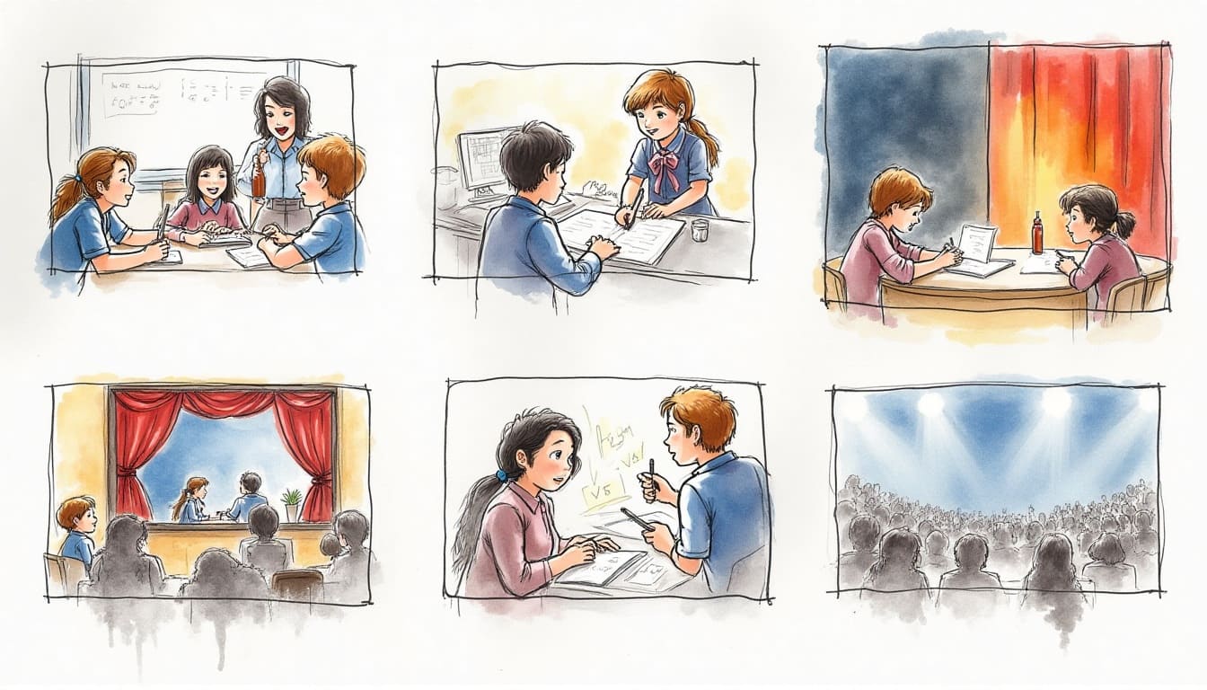 Hand-drawn storyboard showing children working together on a school musical: from writing and rehearsing to performing on stage in front of an audience.