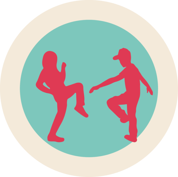 Icon of red silhouettes of dancers on a green background