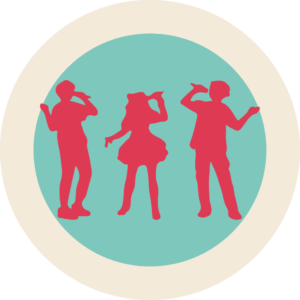 Icon of artist silhouettes in red on a green background