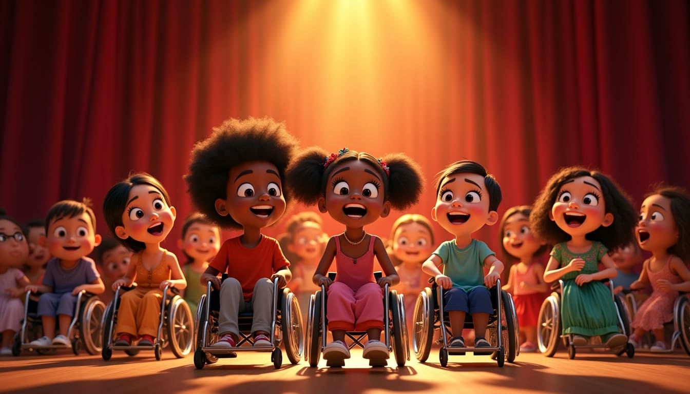 Children with and without wheelchairs joyfully performing on stage, highlighting the importance of creating diverse characters in theatre and promoting inclusion in children's theater.