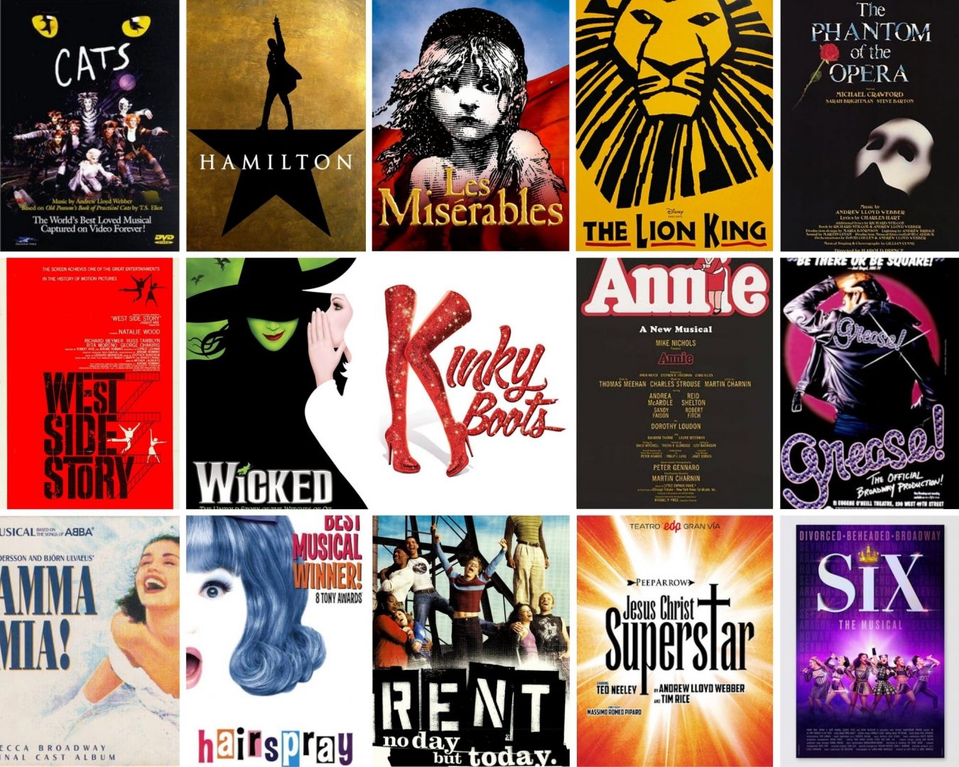 Collage of posters from famous Broadway musicals such as Cats, Hamilton, Les Misérables, The Lion King, The Phantom of the Opera, Wicked, Annie, Grease, Mamma Mia!, Hairspray, Rent, Jesus Christ Superstar, and Six, representing the evolution of musical theater.
