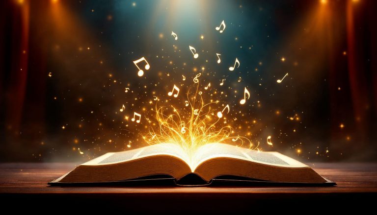 An open book with golden musical notes and glowing sparks emerging, symbolizing the magic of musical theater.