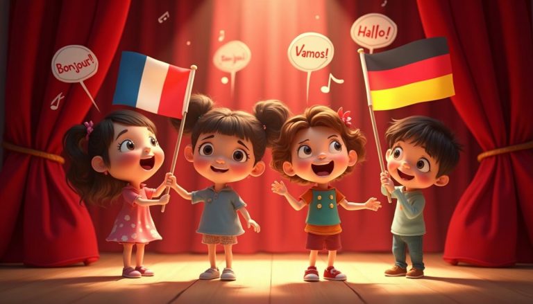 Children performing on a school stage with French, Spanish, and German flags, representing a multilingual musical. Kaikana Musicals image.