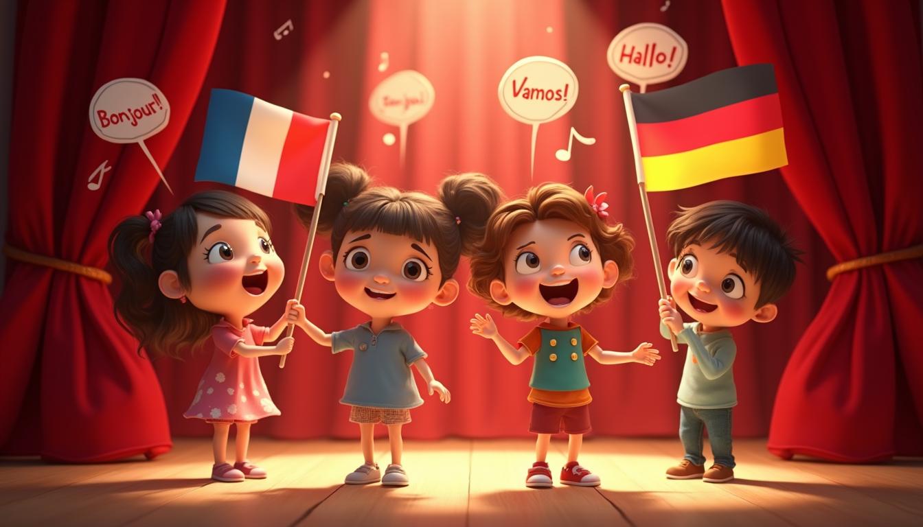 Children performing on a school stage with French, Spanish, and German flags, representing a multilingual musical. Kaikana Musicals image.