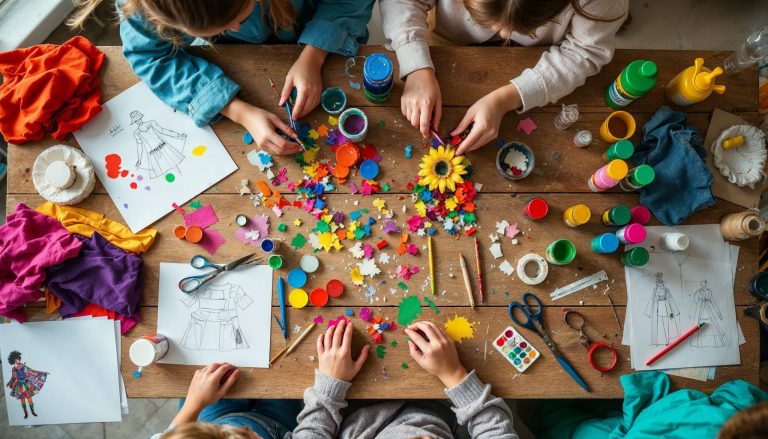 Overhead view of a table filled with art supplies, colorful fabric, costume sketches, paints, and children's hands working together to create props and costumes for a school musical.