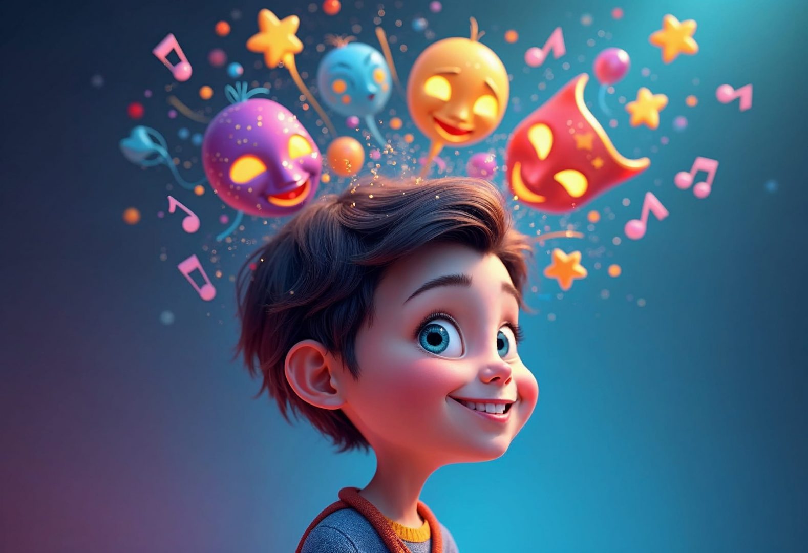 3D-style illustration of a smiling child with floating theater masks, stars, and musical notes above their head, symbolizing imagination and creativity sparked by musical theater for kids.