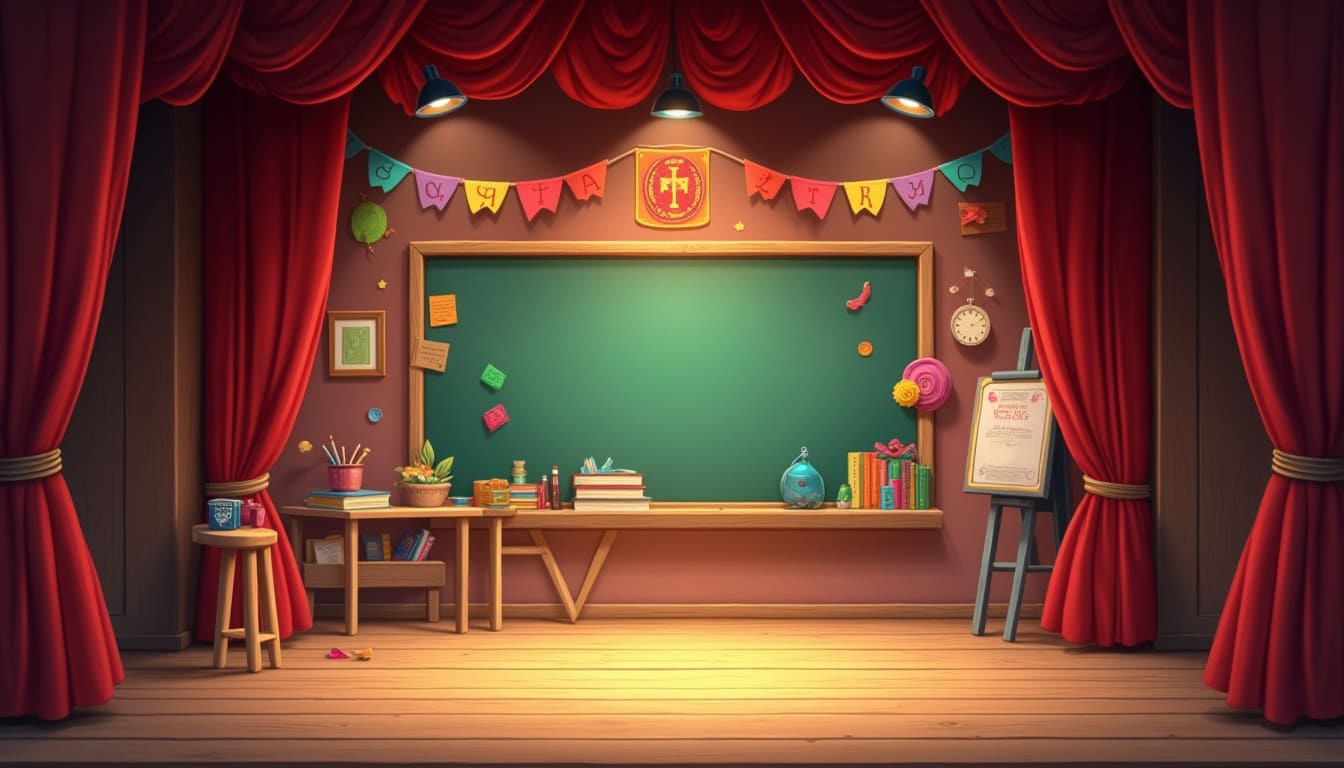 School theater stage decorated with red curtains, a large green chalkboard, books, pencils, and colorful classroom elements, representing the fusion of education and performing arts in a school setting.