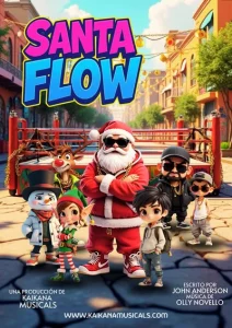 Póster del musical escolar navideño Santa Flow de Kaikana Musicals. Muestra a Papá Noel con estilo rapero, rodeado de personajes infantiles como un elfo, un reno, un muñeco de nieve y niños con estética urbana. Guion de John Anderson y música de Olly Novello.