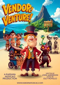 Official poster of the children’s musical The Vendor, a Kaikana Musicals production set on a mysterious island with colorful and funny characters.