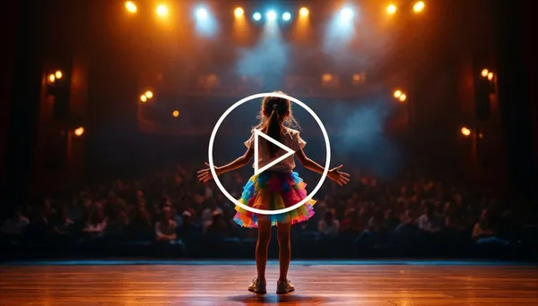 Young girl on a school theater stage, standing confidently under warm stage lights with a colorful skirt and open arms, symbolizing empowerment and self-expression through musical theater.
